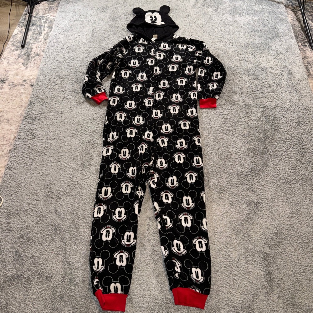Disney Mickey Mouse Adult Hooded Union Suit L Black Fleece One Piece Pajamas